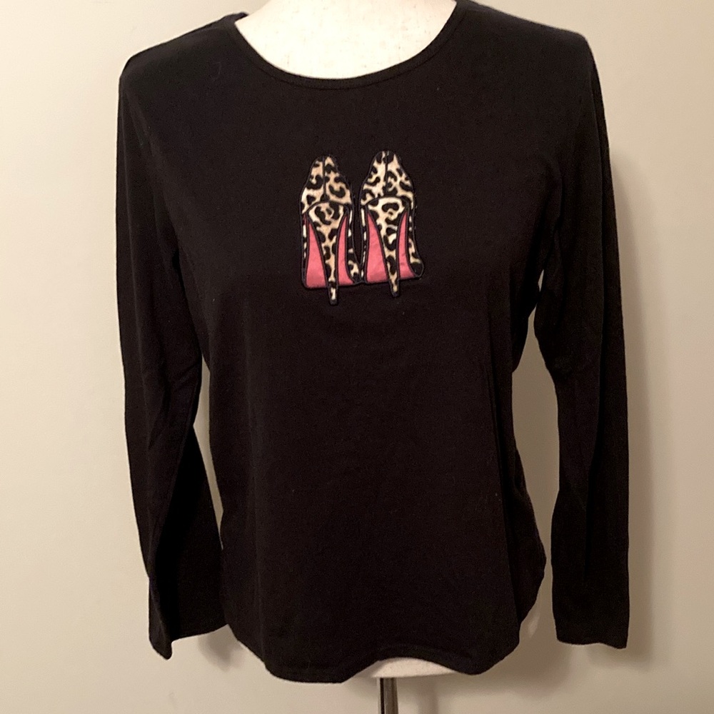 Black Long Sleeve T-Shirt with High Heel Appliqué